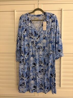 Lilly Pulitzer NWT Cass Dress Size Large Blue & White Floral V-Neck